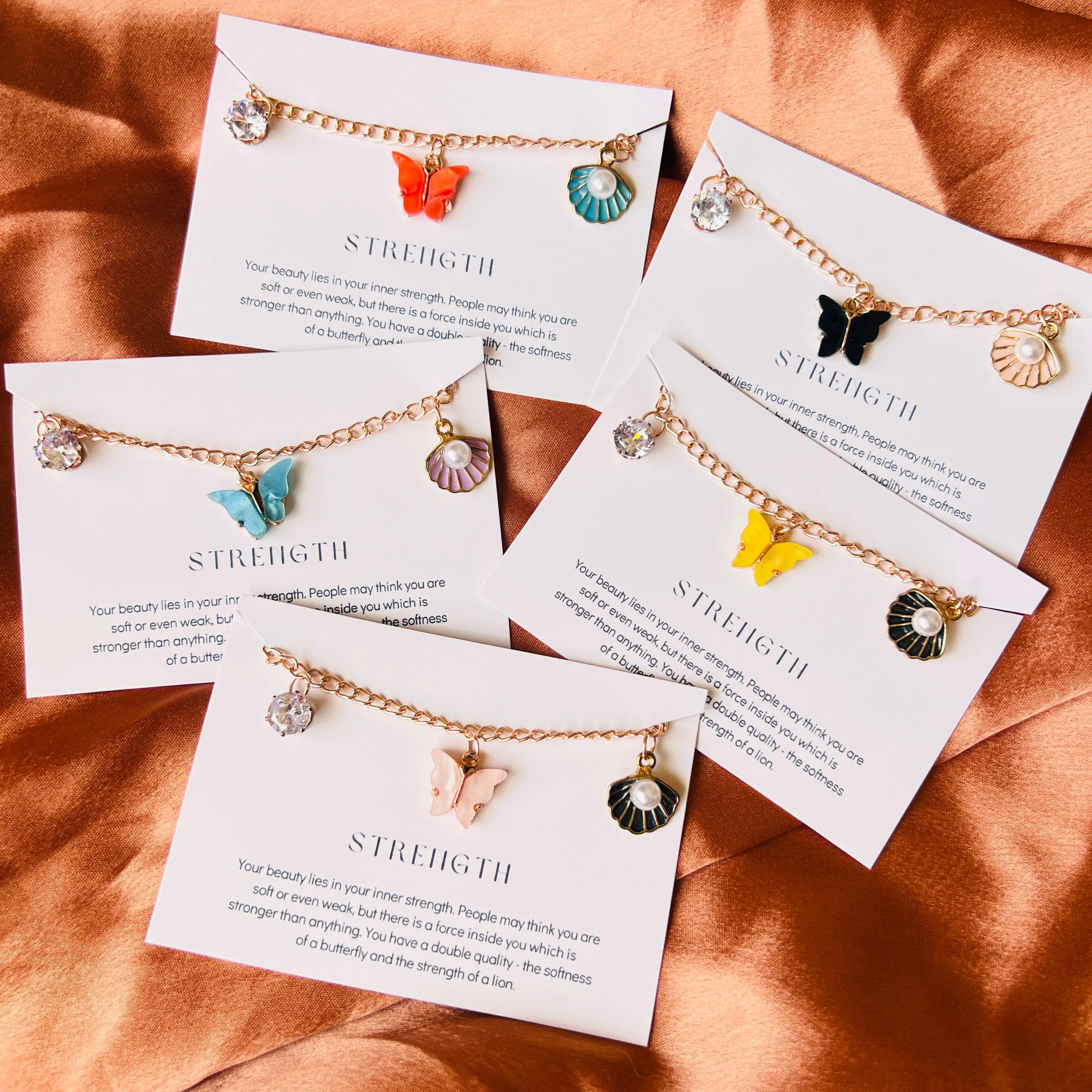 Rack Jack Rose Gold Plated Charms Bracelet Butterfly Pearl Diamond Adjustable Free Size | Birthday Gift for Girls and Women Anniversary Gift for Wife - Orange