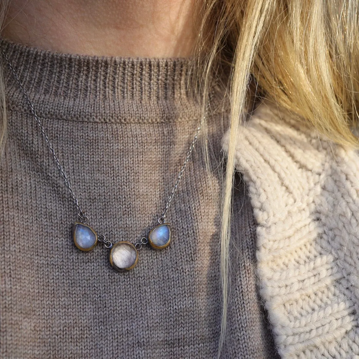 Rainbow Moonstone & Rutilated Quartz 3 Crescent Rim Necklace