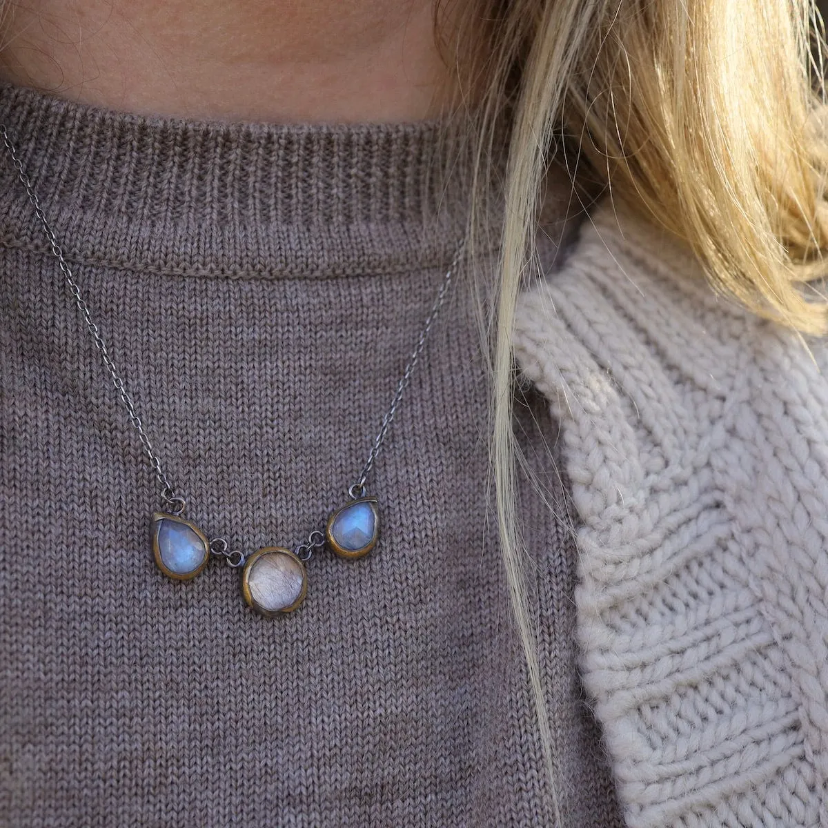 Rainbow Moonstone & Rutilated Quartz 3 Crescent Rim Necklace