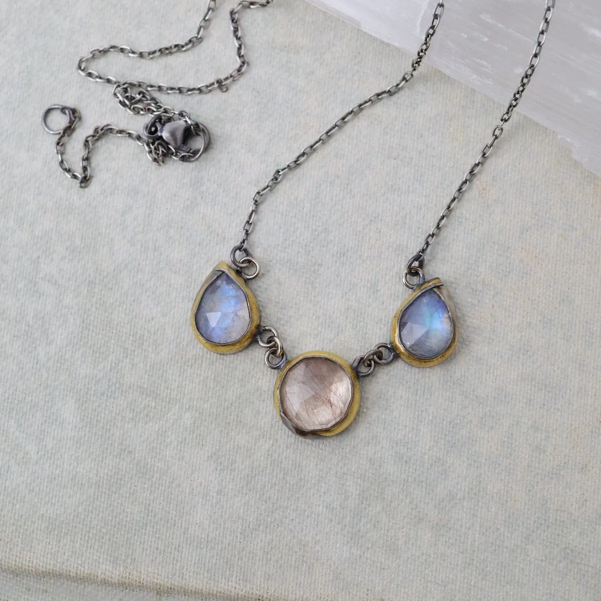 Rainbow Moonstone & Rutilated Quartz 3 Crescent Rim Necklace