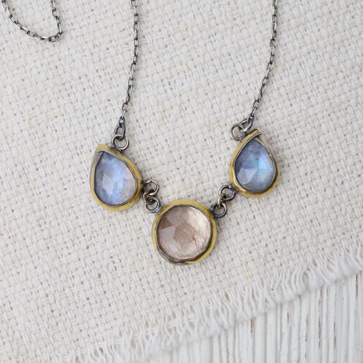 Rainbow Moonstone & Rutilated Quartz 3 Crescent Rim Necklace