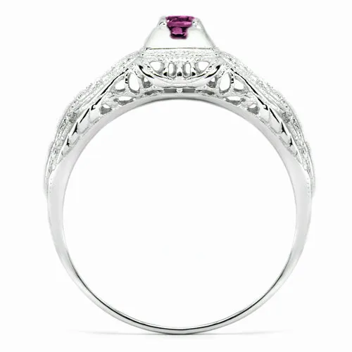 RHODOLITE GARNET STERLING SILVER VINTAGE STYLE COCKTAIL RING FILIGREE PINK ROUND