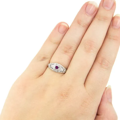 RHODOLITE GARNET STERLING SILVER VINTAGE STYLE COCKTAIL RING FILIGREE PINK ROUND