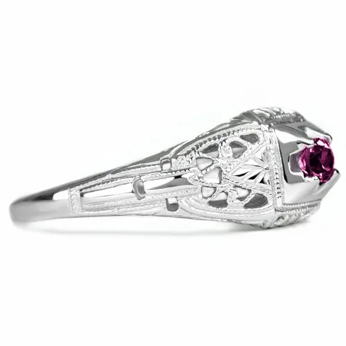 RHODOLITE GARNET STERLING SILVER VINTAGE STYLE COCKTAIL RING FILIGREE PINK ROUND