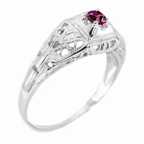 RHODOLITE GARNET STERLING SILVER VINTAGE STYLE COCKTAIL RING FILIGREE PINK ROUND