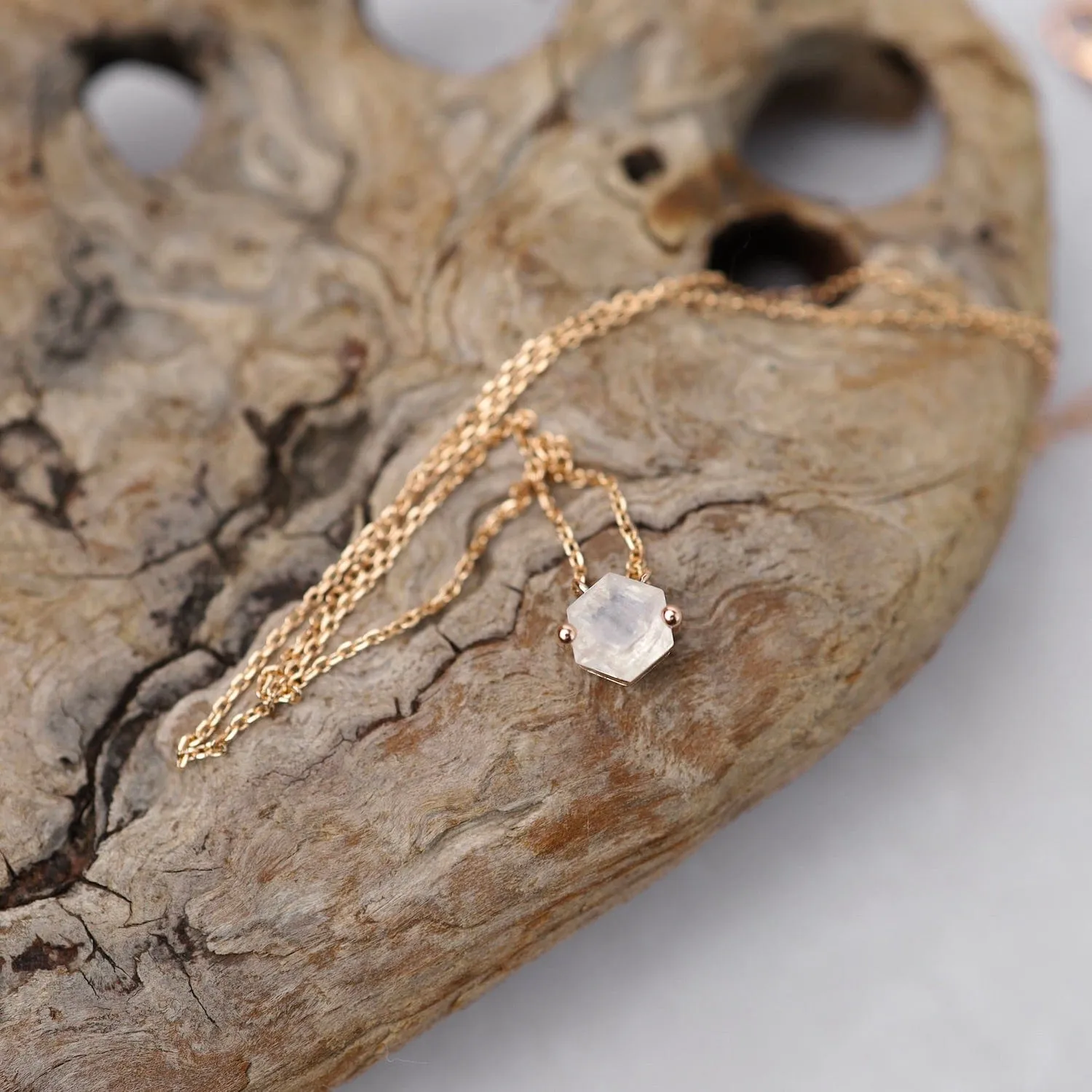 Rose Gold Hexagon Rainbow Moonstone Necklace