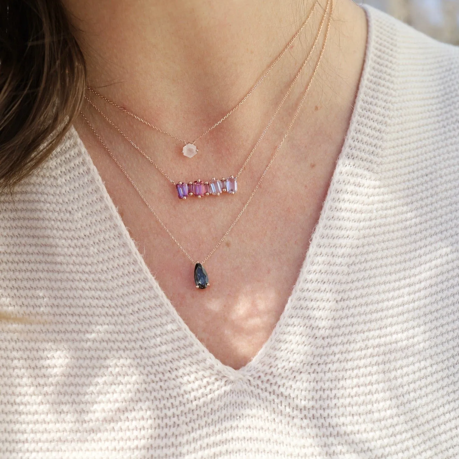 Rose Gold Hexagon Rainbow Moonstone Necklace