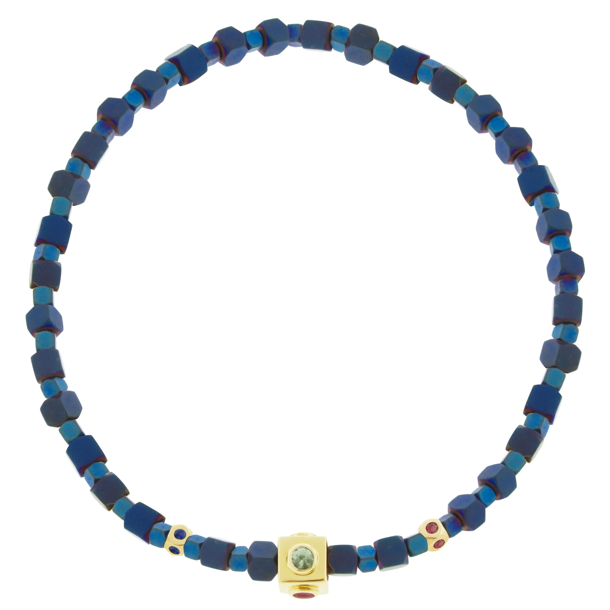 Sapphire Lego Cube with Tetras on Blue Hematite Bracelet