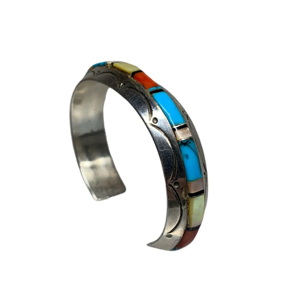 Signed Old Pawn Sterling Silver Multi-Stone Inlay Cuff Bracelet