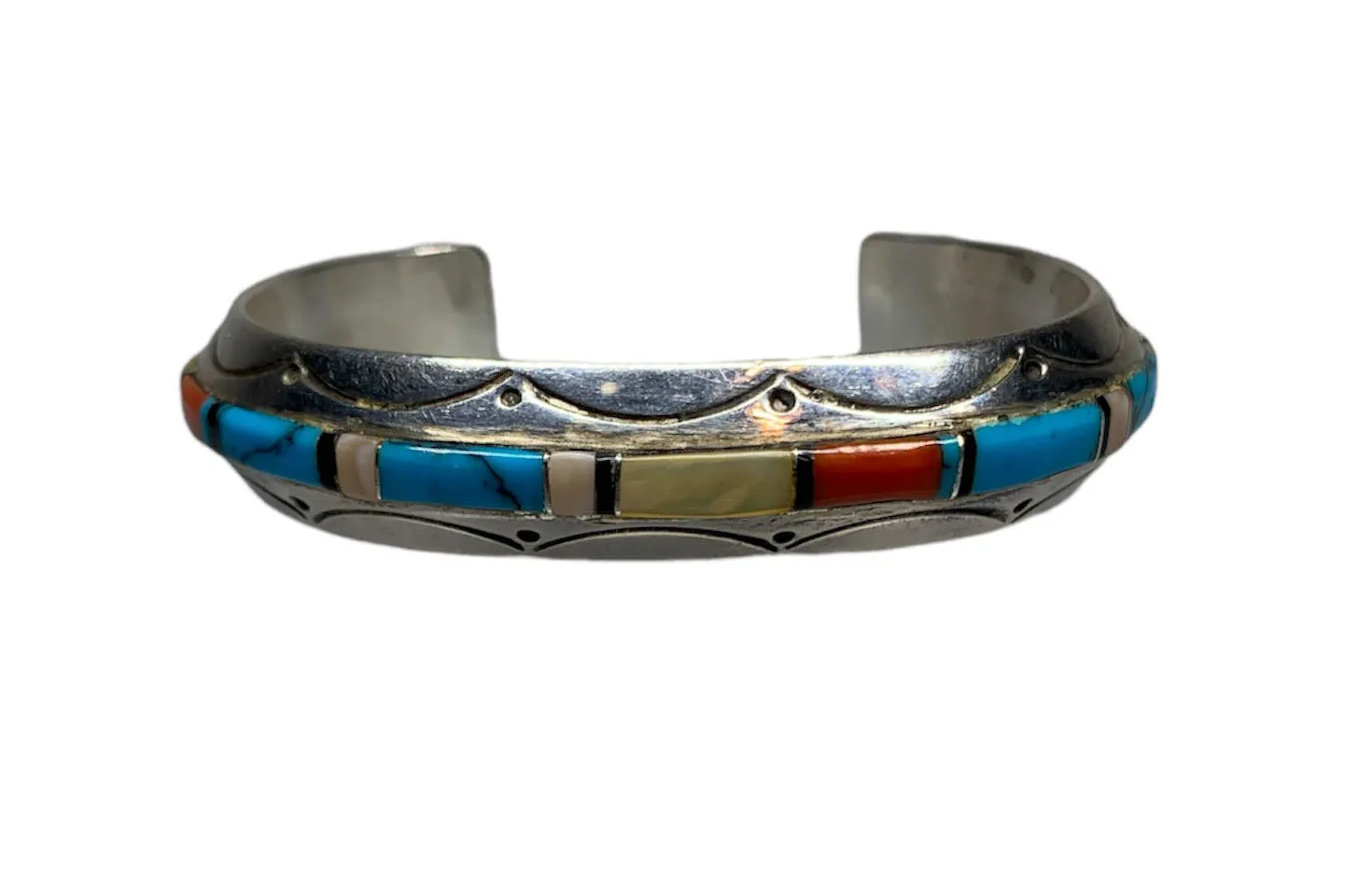 Signed Old Pawn Sterling Silver Multi-Stone Inlay Cuff Bracelet