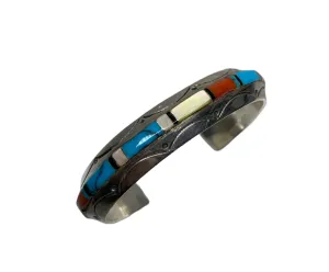 Signed Old Pawn Sterling Silver Multi-Stone Inlay Cuff Bracelet