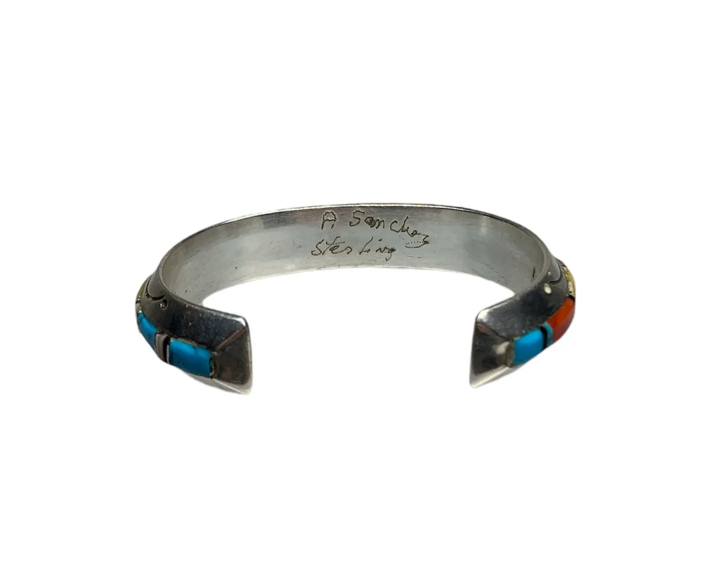 Signed Old Pawn Sterling Silver Multi-Stone Inlay Cuff Bracelet