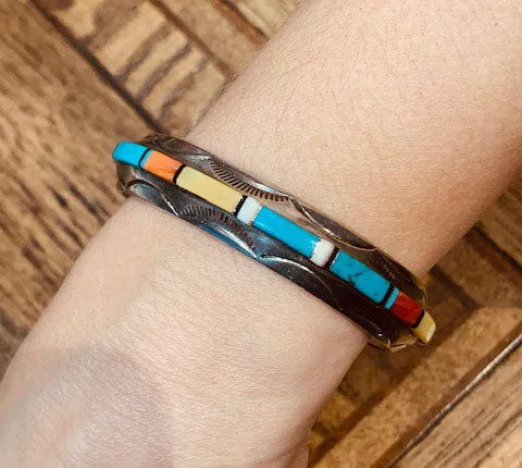 Signed Old Pawn Sterling Silver Multi-Stone Inlay Cuff Bracelet