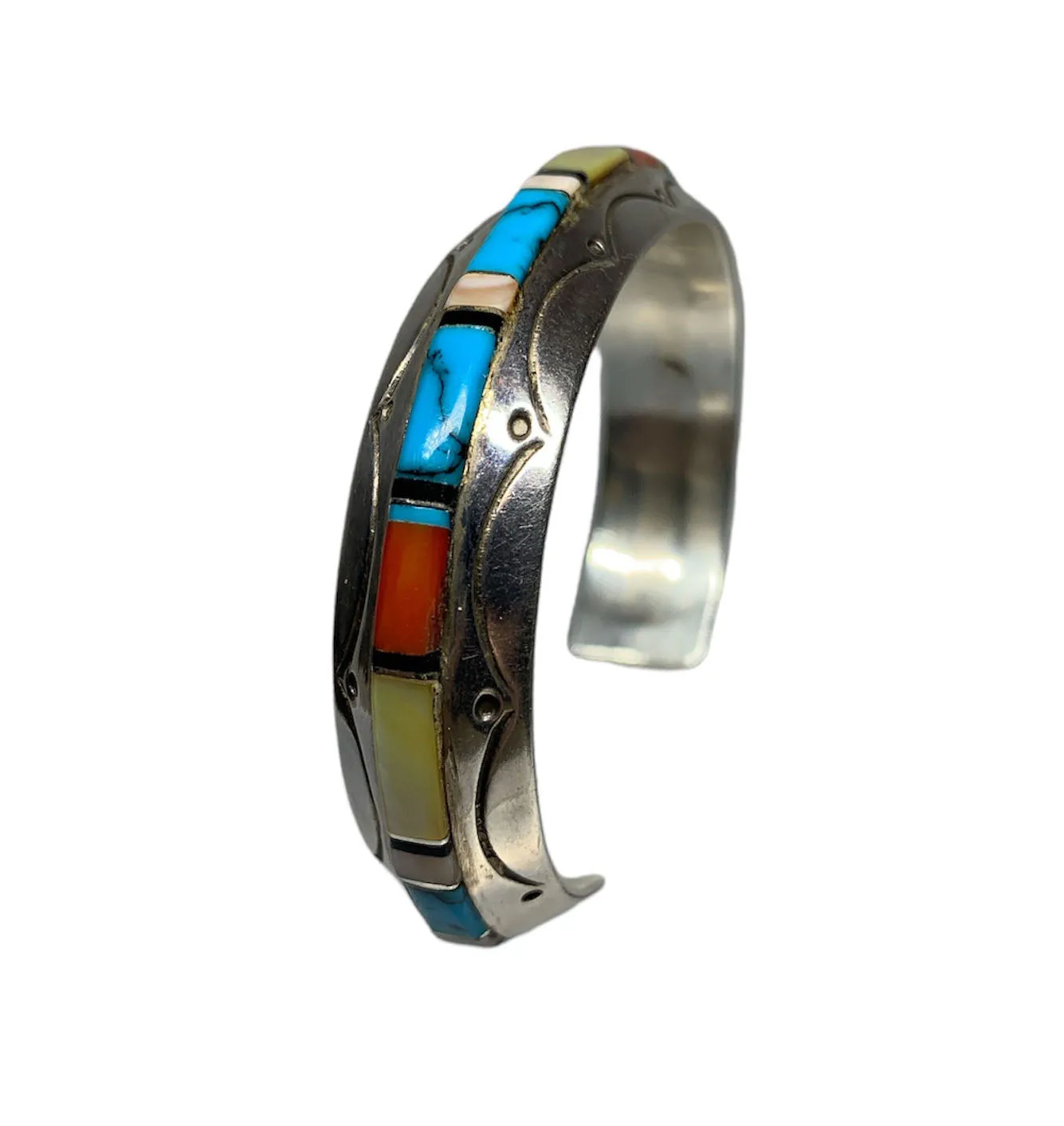 Signed Old Pawn Sterling Silver Multi-Stone Inlay Cuff Bracelet