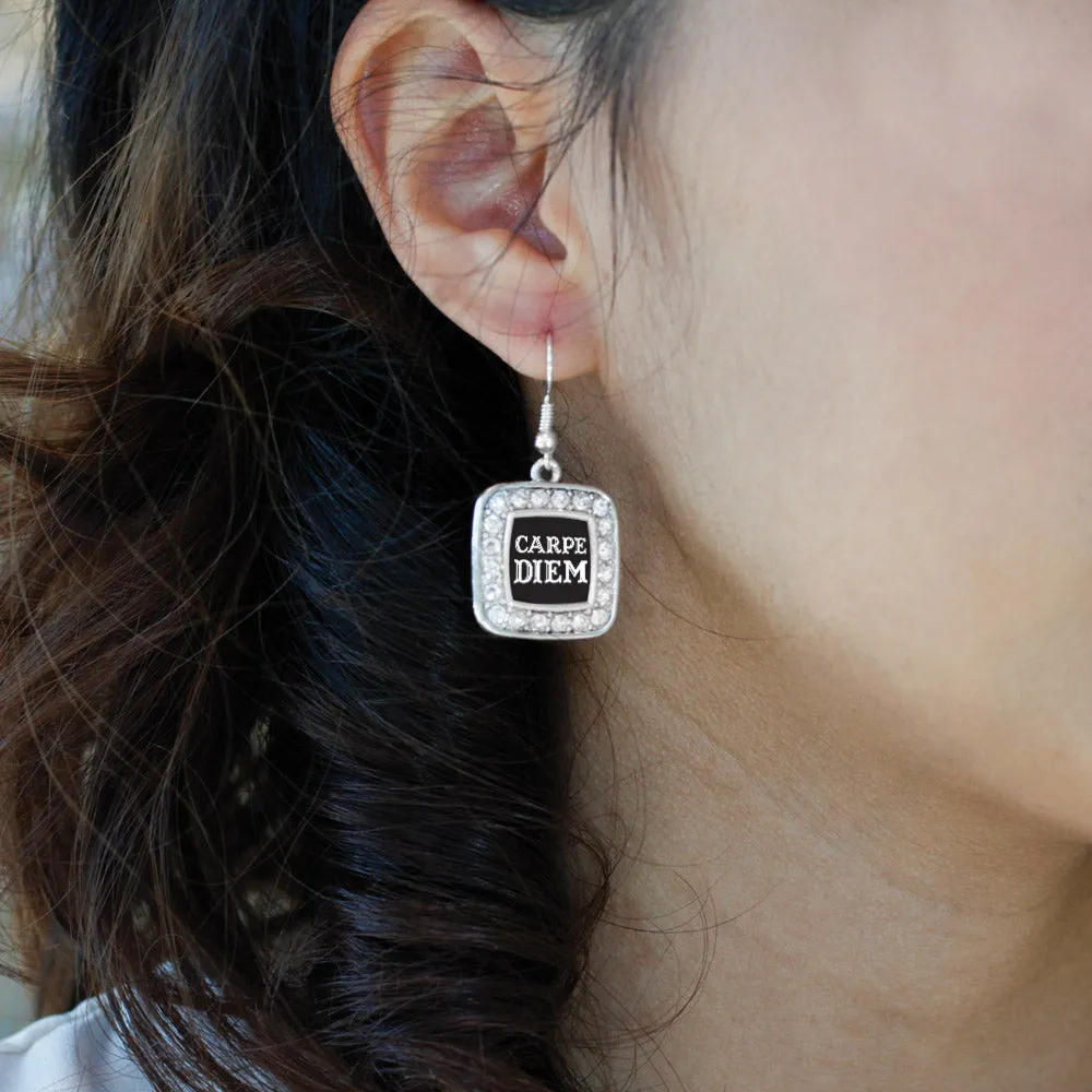 Silver Carpe Diem Square Charm Dangle Earrings