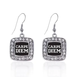 Silver Carpe Diem Square Charm Dangle Earrings