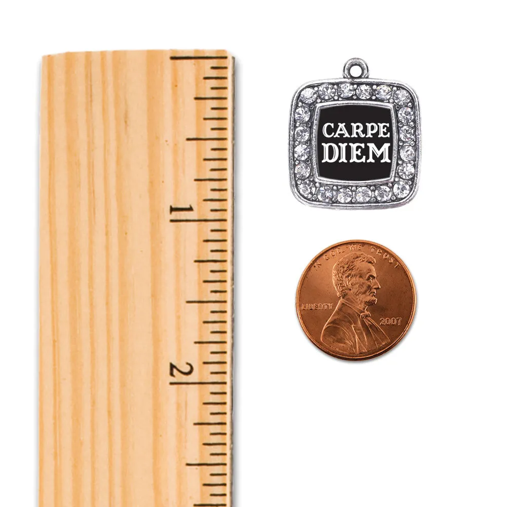 Silver Carpe Diem Square Charm Dangle Earrings