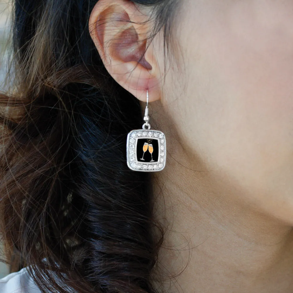 Silver Champagne Cheers Square Charm Dangle Earrings