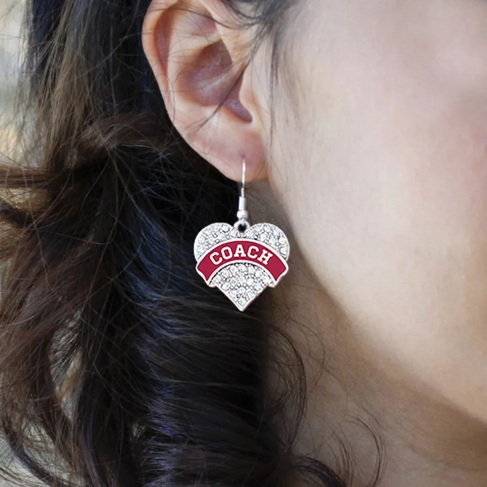 Silver Coach - Maroon and White Pave Heart Charm Dangle Earrings