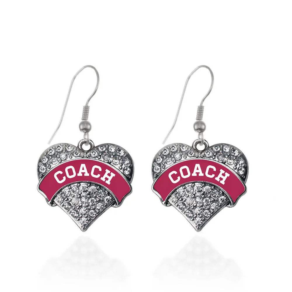 Silver Coach - Maroon and White Pave Heart Charm Dangle Earrings