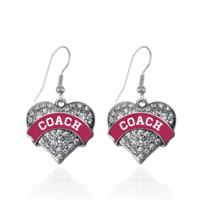 Silver Coach - Maroon and White Pave Heart Charm Dangle Earrings