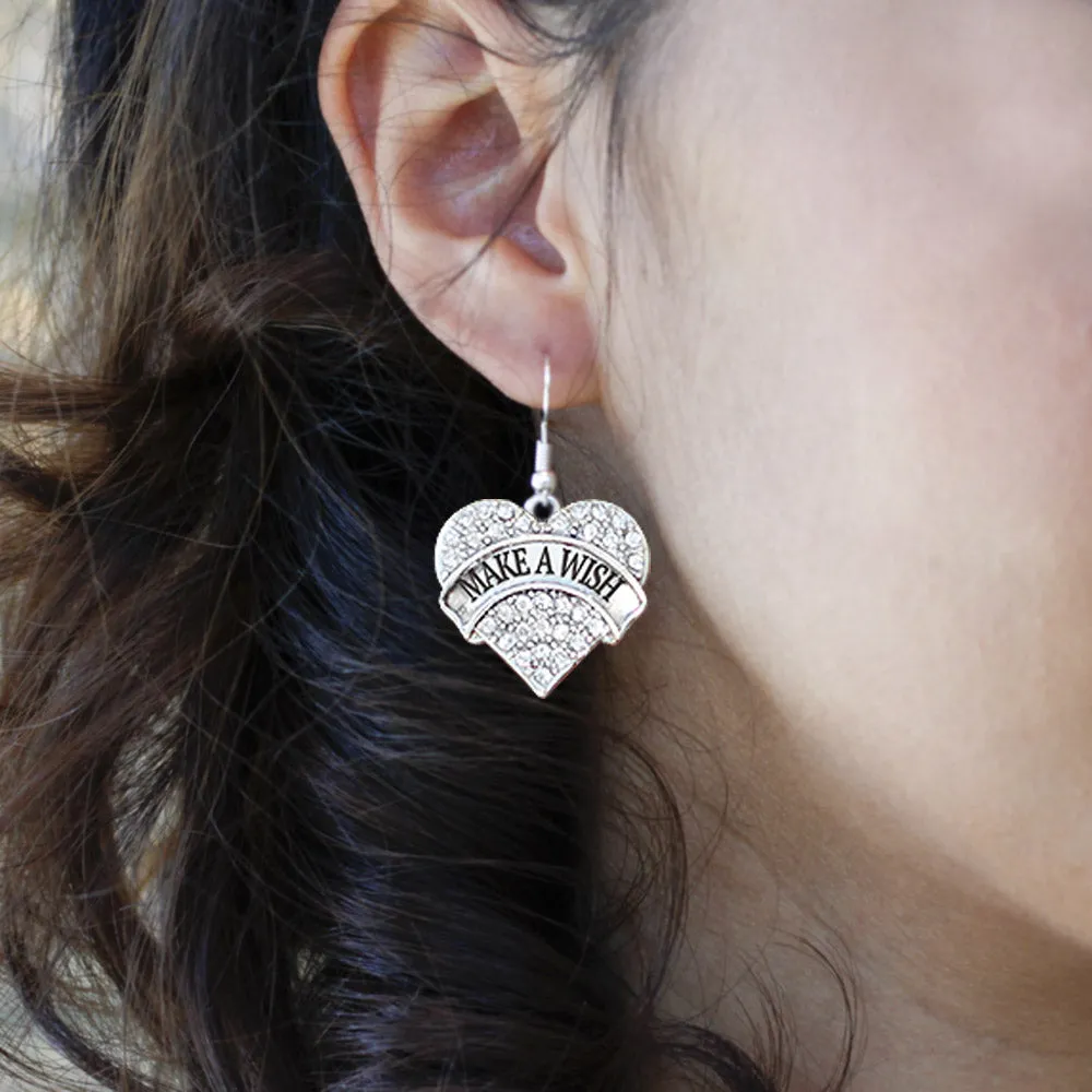 Silver Make a Wish Pave Heart Charm Dangle Earrings