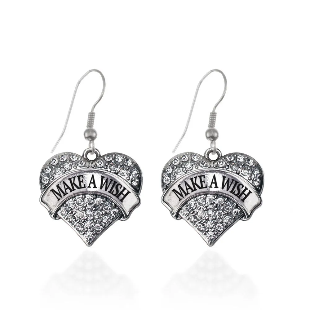 Silver Make a Wish Pave Heart Charm Dangle Earrings