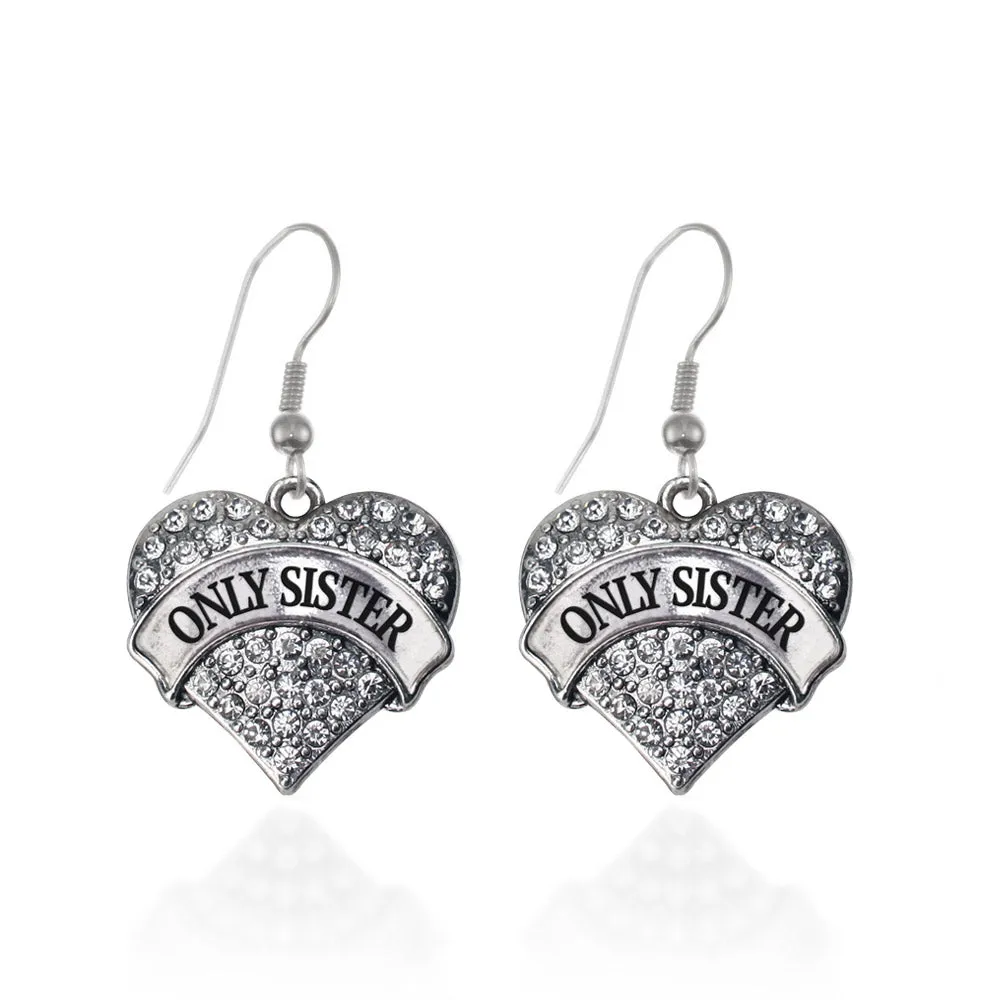 Silver Only Sister Pave Heart Charm Dangle Earrings