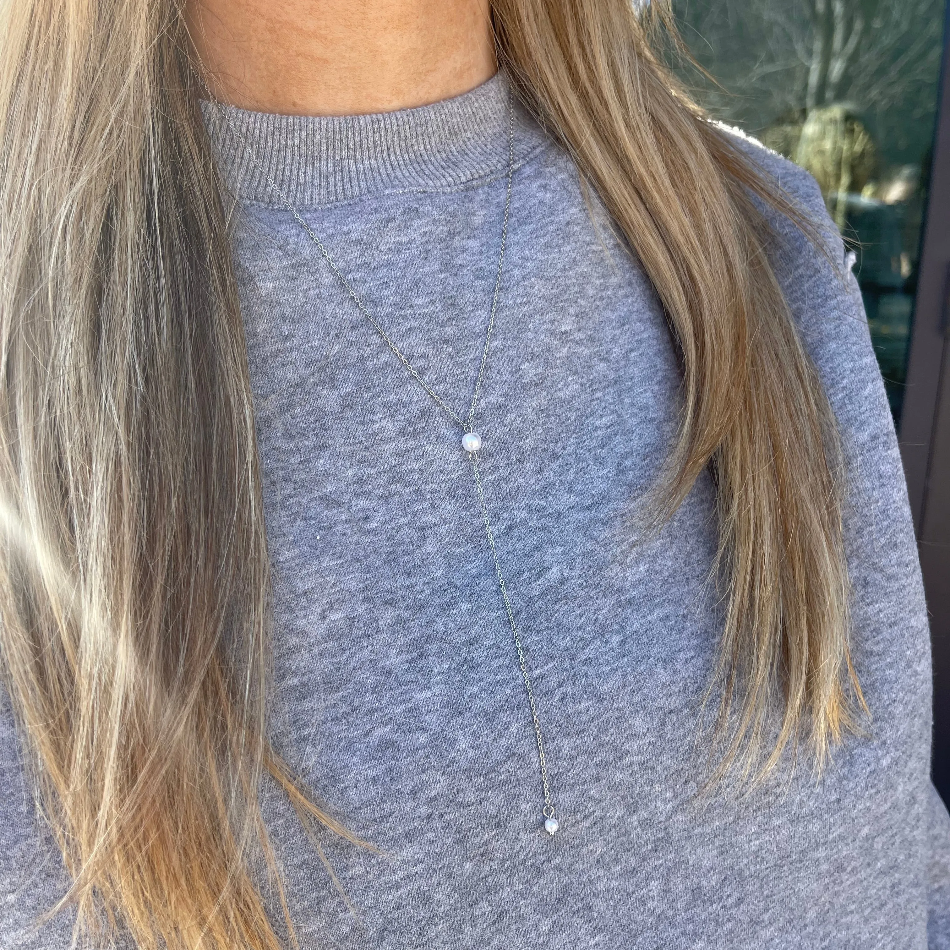 Silver Pearl Drop Lariat