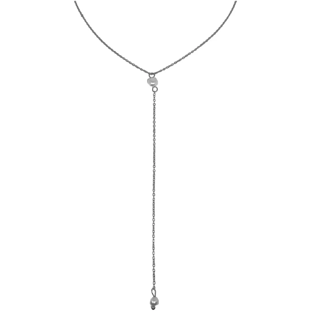 Silver Pearl Drop Lariat
