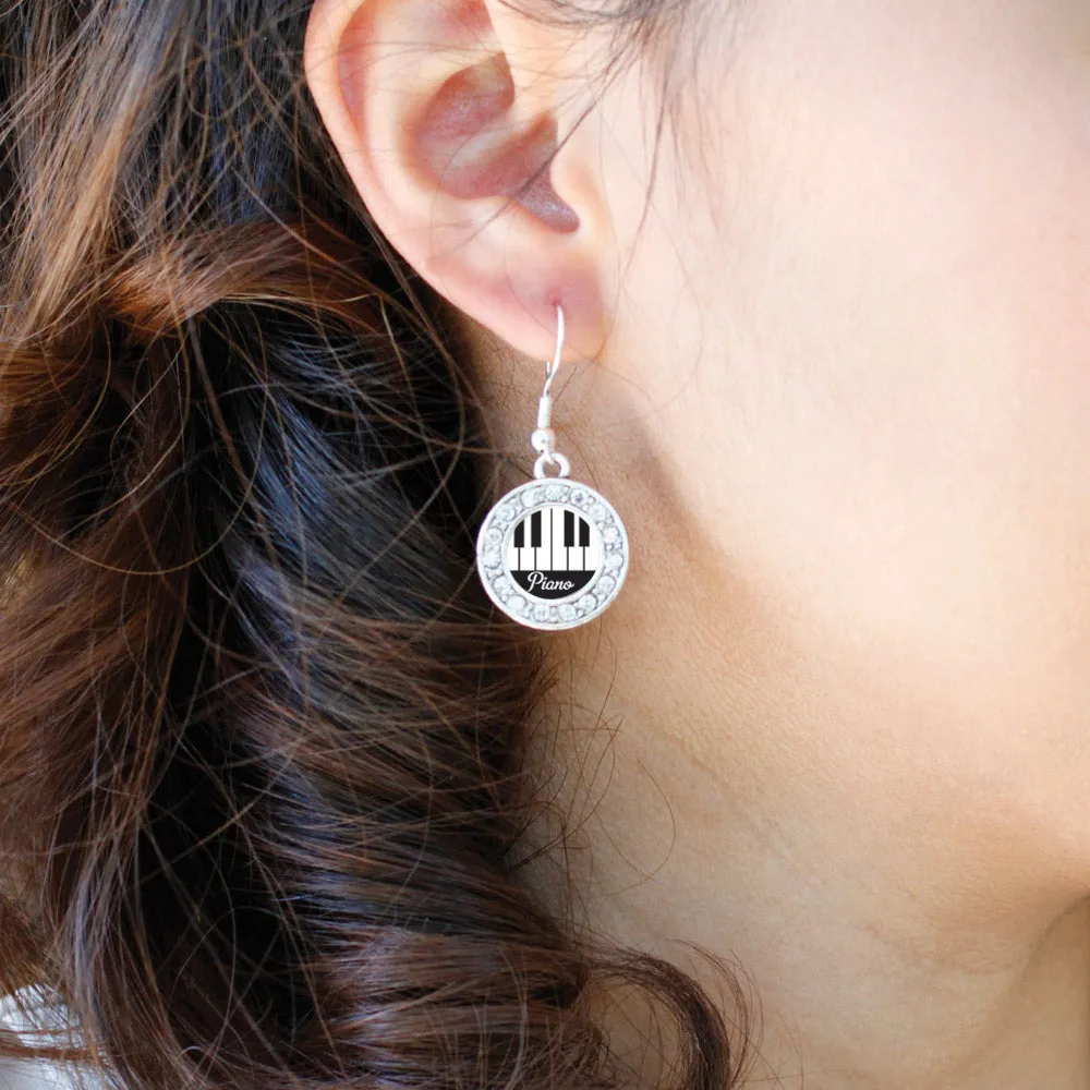 Silver Piano Lovers Circle Charm Dangle Earrings