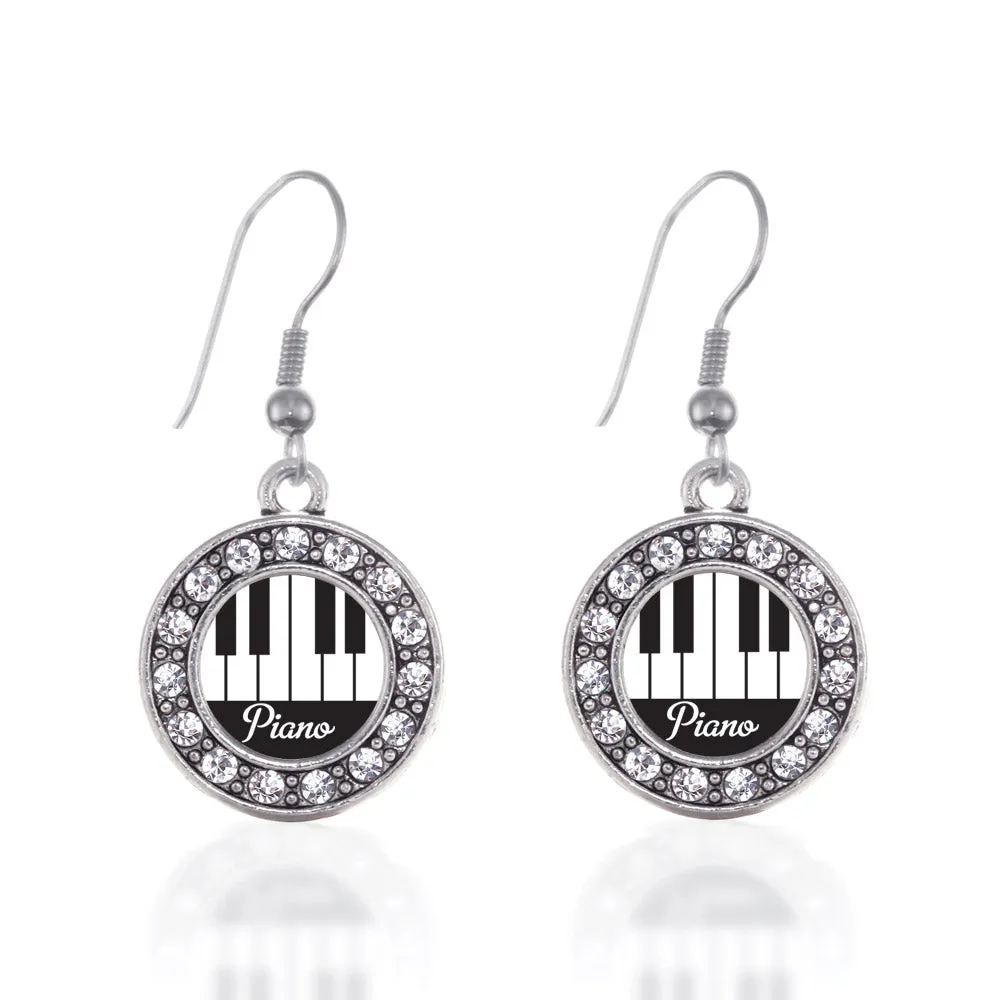 Silver Piano Lovers Circle Charm Dangle Earrings