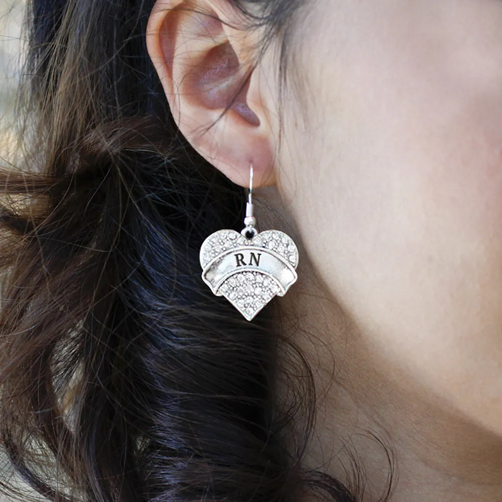 Silver RN Pave Heart Charm Dangle Earrings