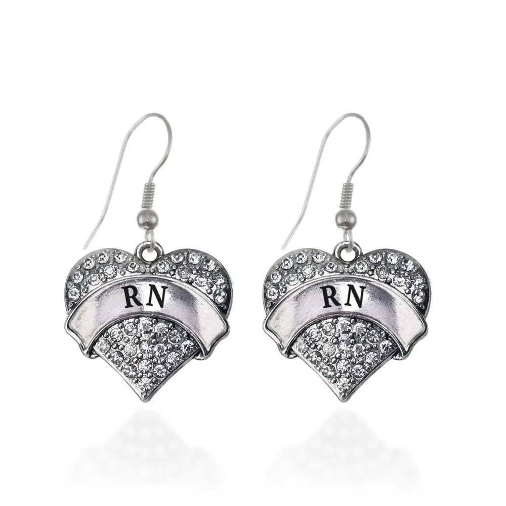 Silver RN Pave Heart Charm Dangle Earrings