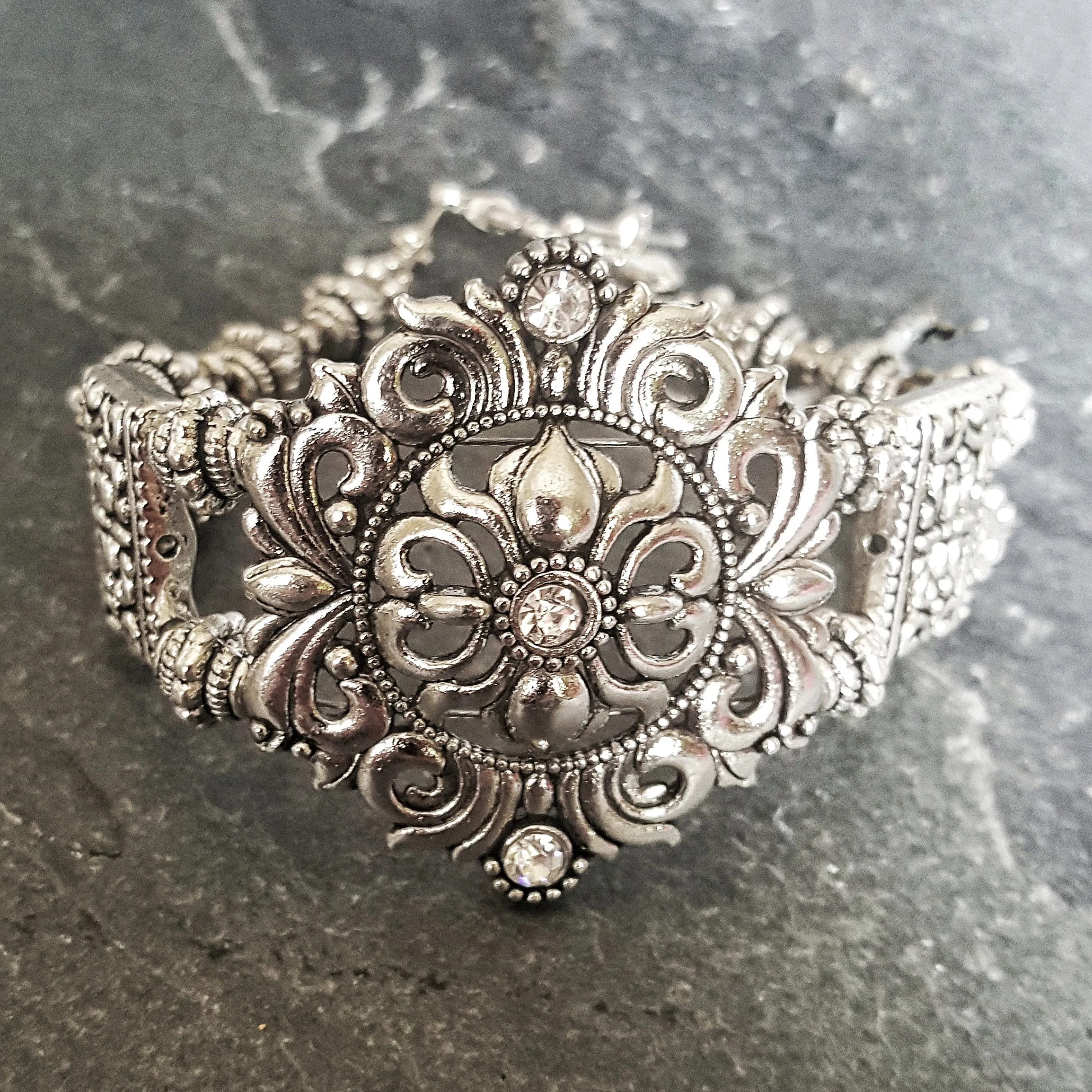 Silver Shield Bracelet Rhinestone Bridal Jewelry