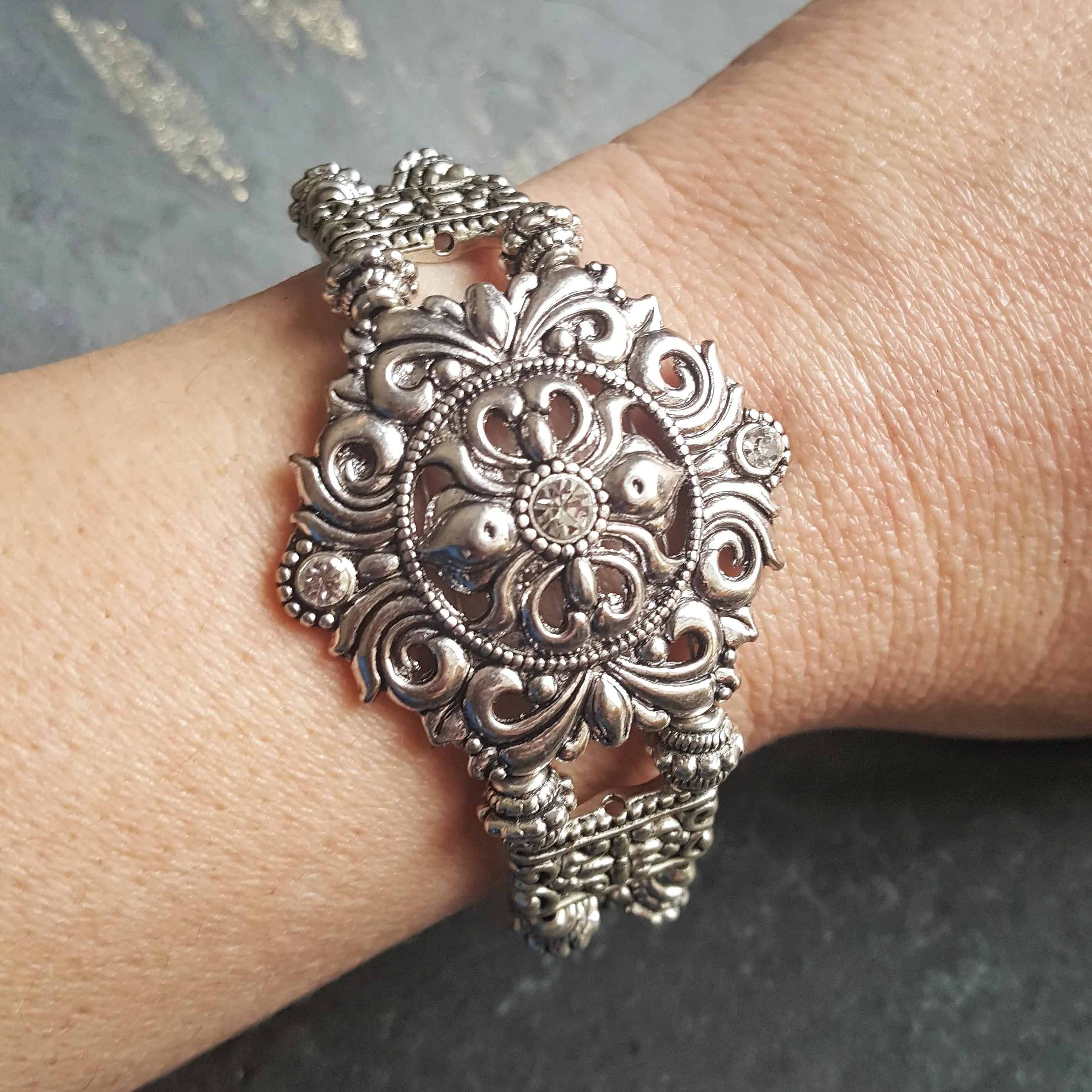 Silver Shield Bracelet Rhinestone Bridal Jewelry