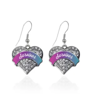 Silver Thyroid Survivor Pave Heart Charm Dangle Earrings
