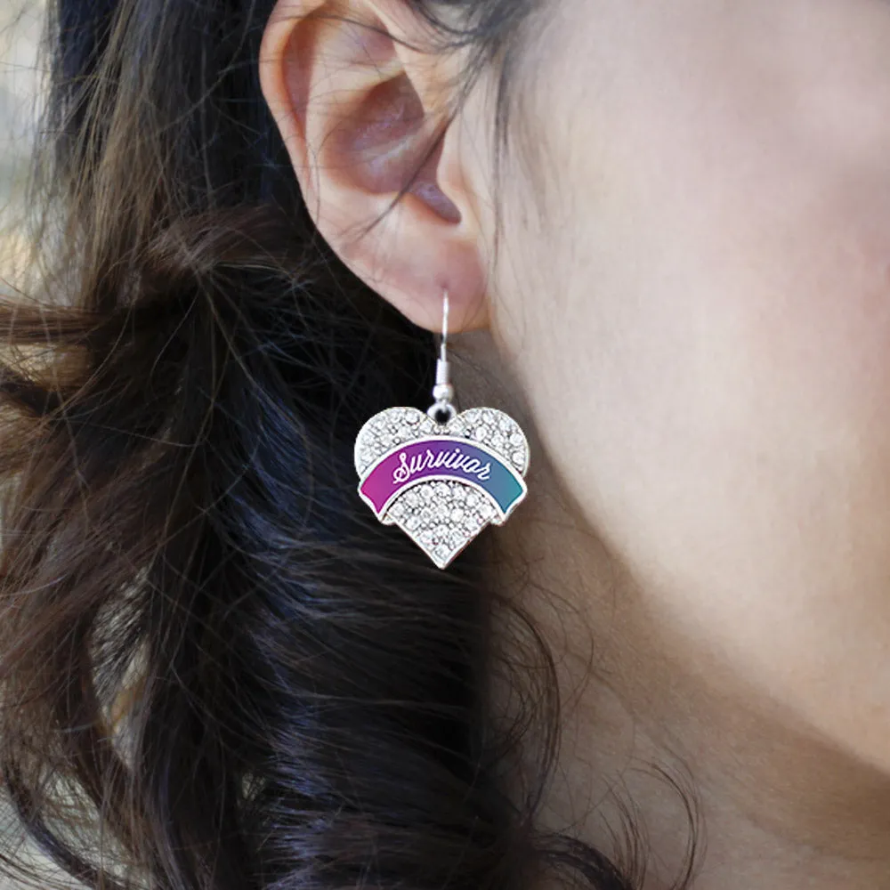 Silver Thyroid Survivor Pave Heart Charm Dangle Earrings