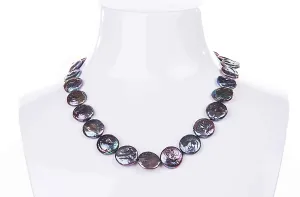 Single Strand Peacock Green Freshwater Coin Pearl Necklace-14-15mm