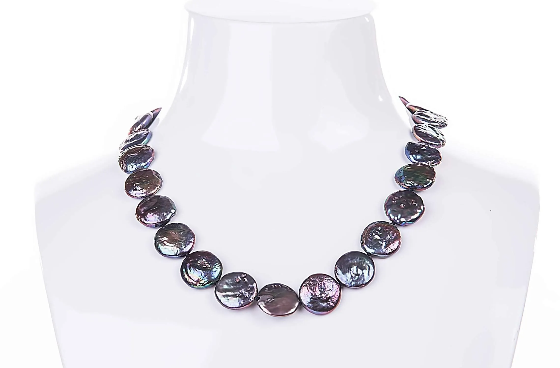Single Strand Peacock Green Freshwater Coin Pearl Necklace-14-15mm