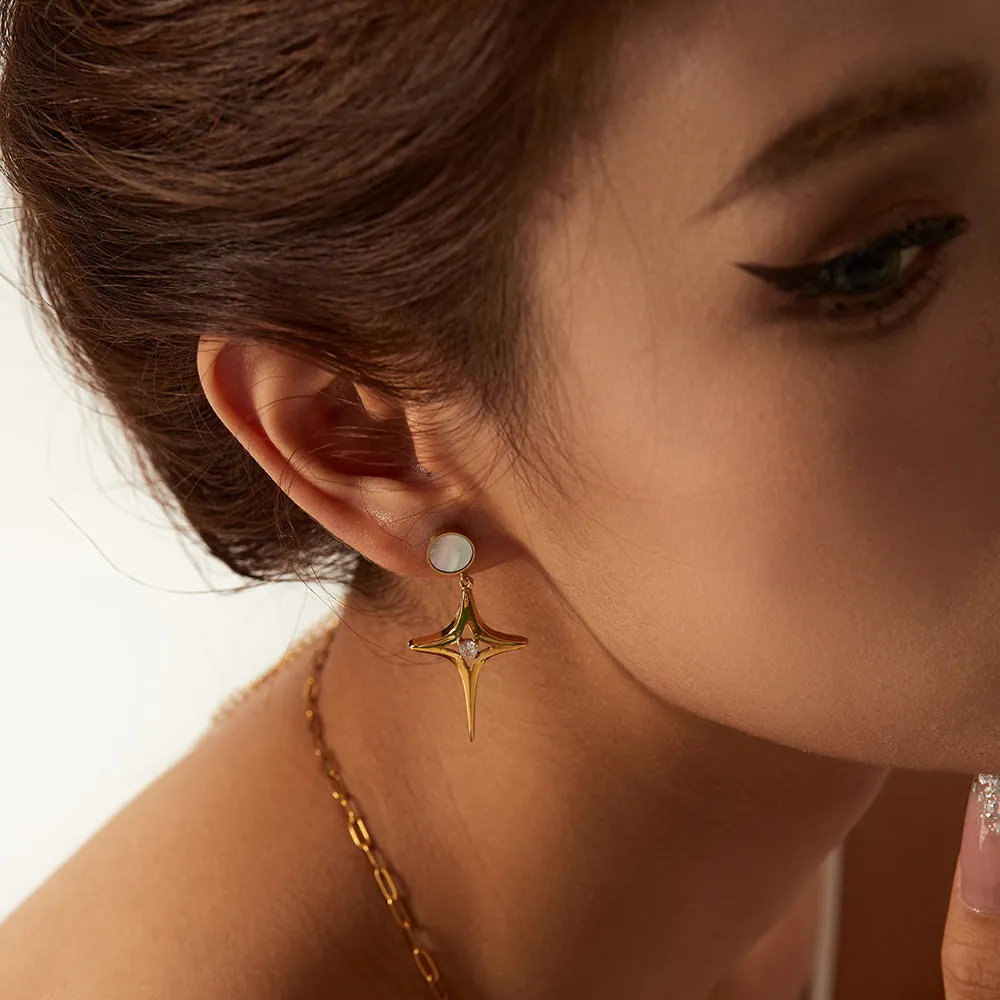 SISSLIA Titanium Steel 16K Gold Plated Star Zircon White Shell Cross Earrings for Women