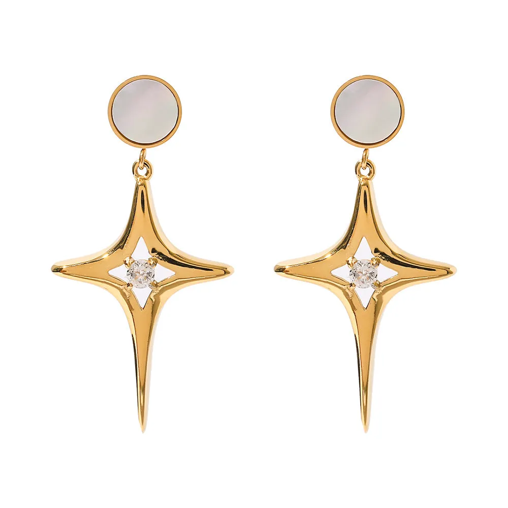SISSLIA Titanium Steel 16K Gold Plated Star Zircon White Shell Cross Earrings for Women