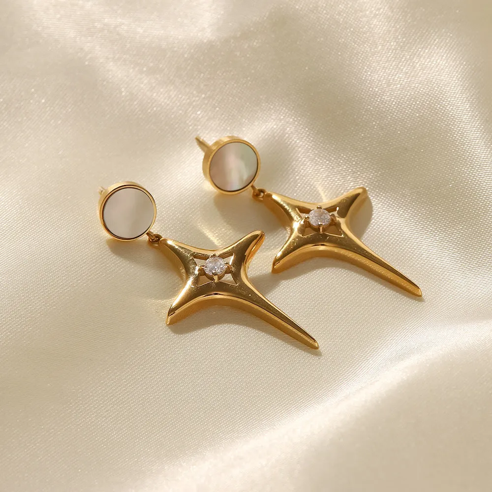 SISSLIA Titanium Steel 16K Gold Plated Star Zircon White Shell Cross Earrings for Women