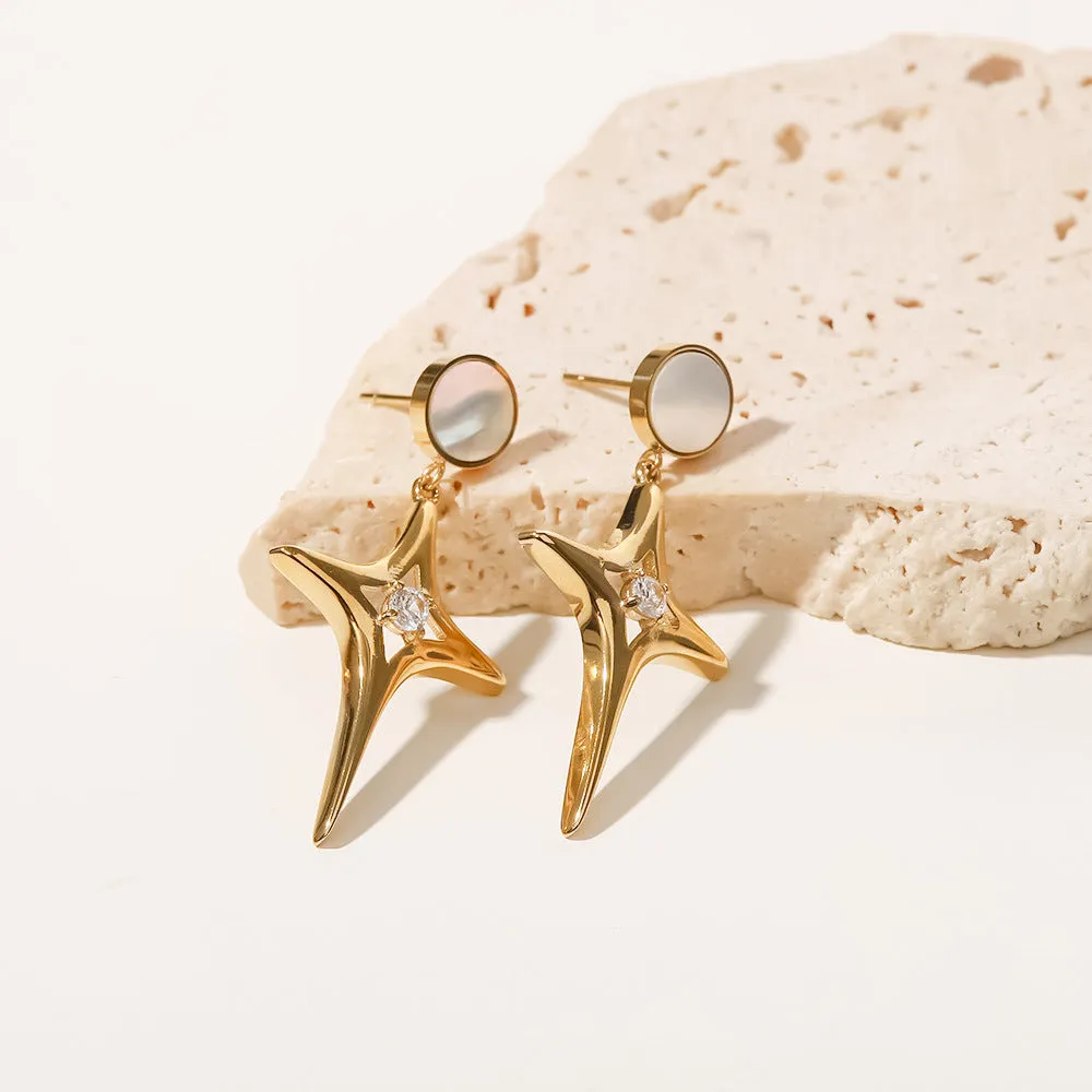 SISSLIA Titanium Steel 16K Gold Plated Star Zircon White Shell Cross Earrings for Women