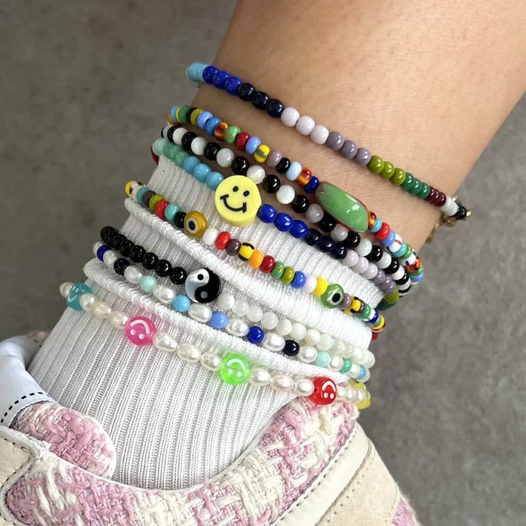 Smiley Charm Rainbow Glass Bead Anklet