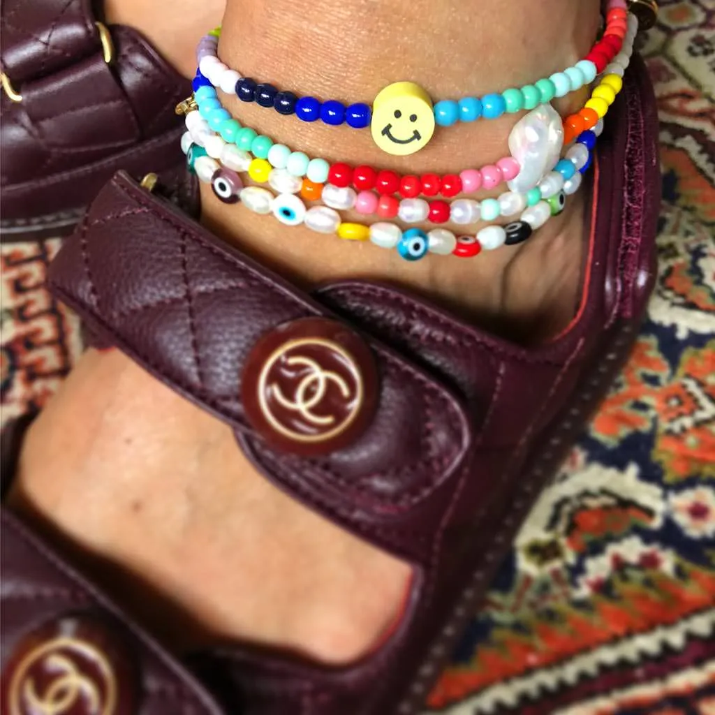 Smiley Charm Rainbow Glass Bead Anklet