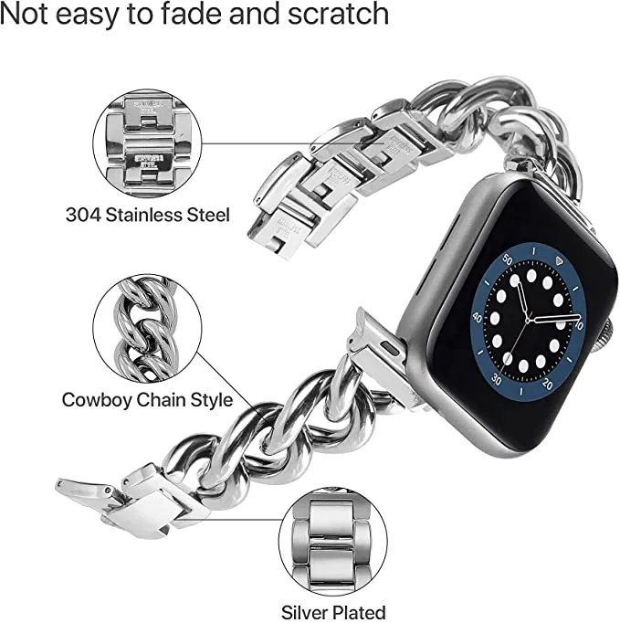 Stainless Steel Chain Bracelet Compatible With Apple Watch Band for 38MM 40MM 41MM-Sliver