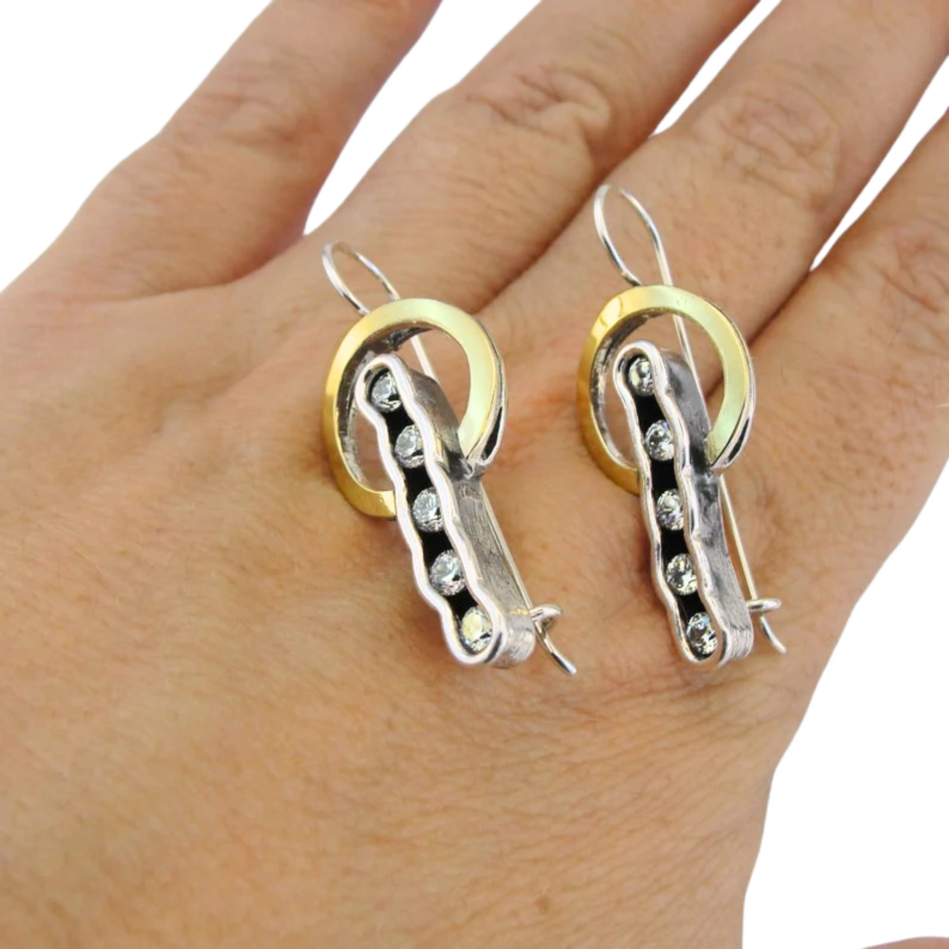 Sterling Silver & 9K Yellow Gold Earrings with Clear Zircon – Ready to Ship for Christmas