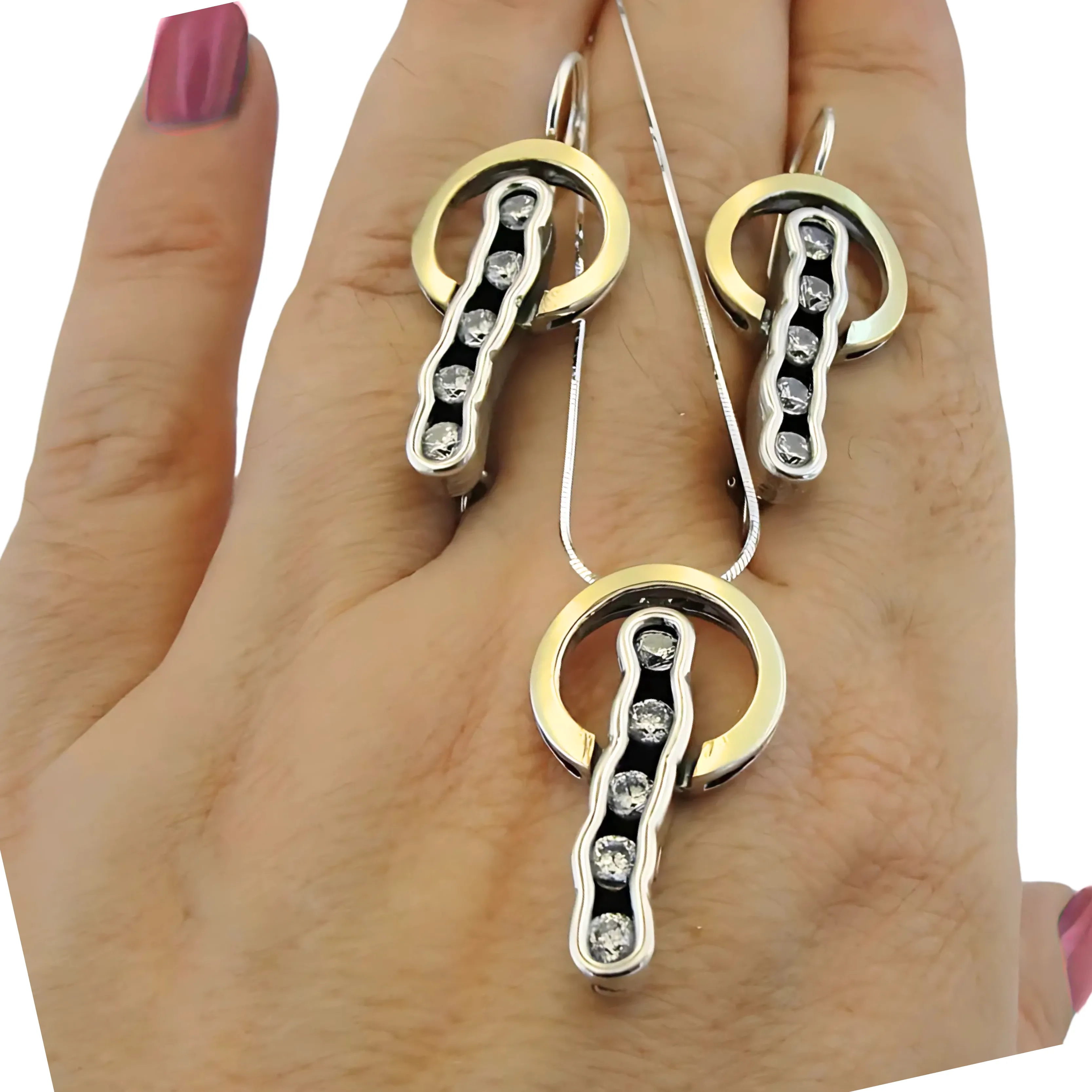 Sterling Silver & 9K Yellow Gold Earrings with Clear Zircon – Ready to Ship for Christmas