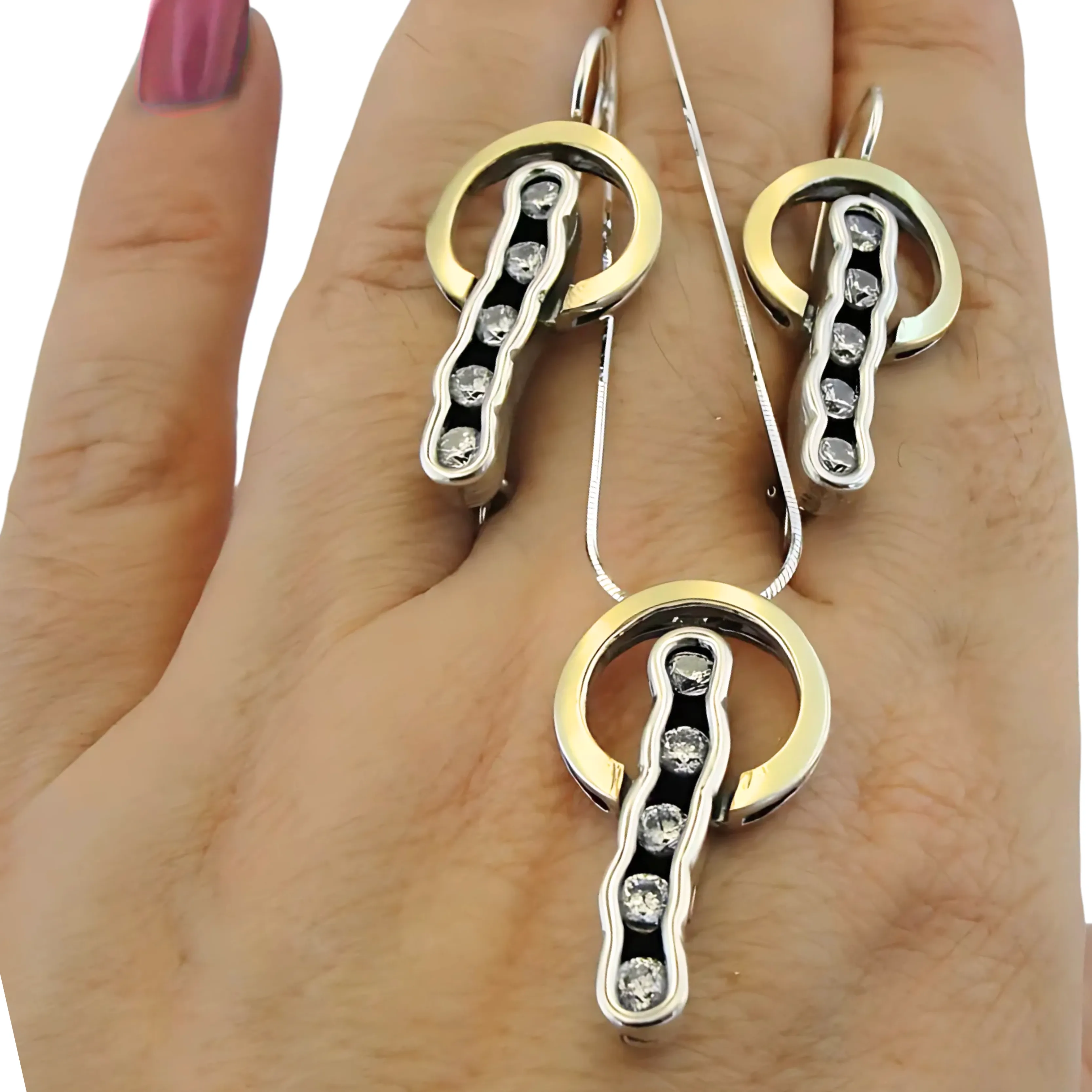 Sterling Silver & 9K Yellow Gold Earrings with Clear Zircon – Ready to Ship for Christmas